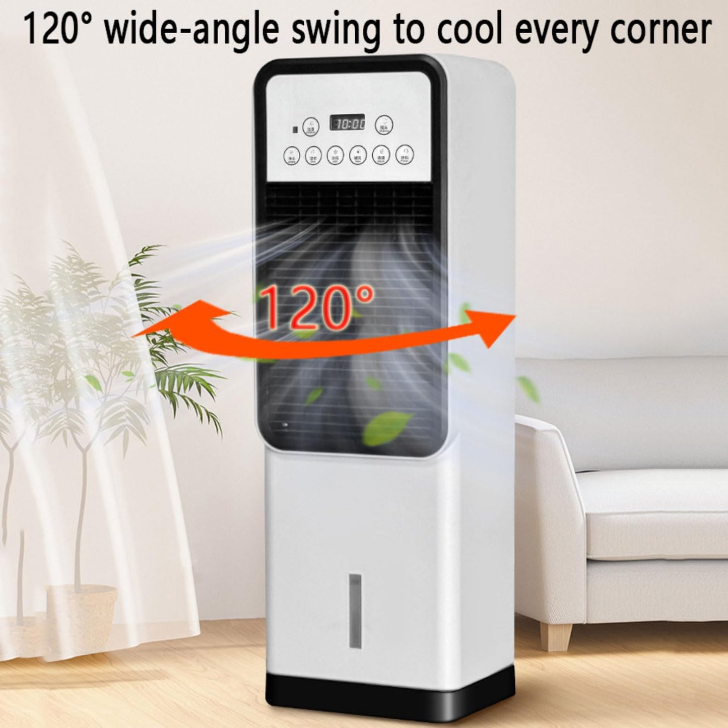 A/C portátil 3-en-1 silencioso. Tanque 3L, oscilación 120°.