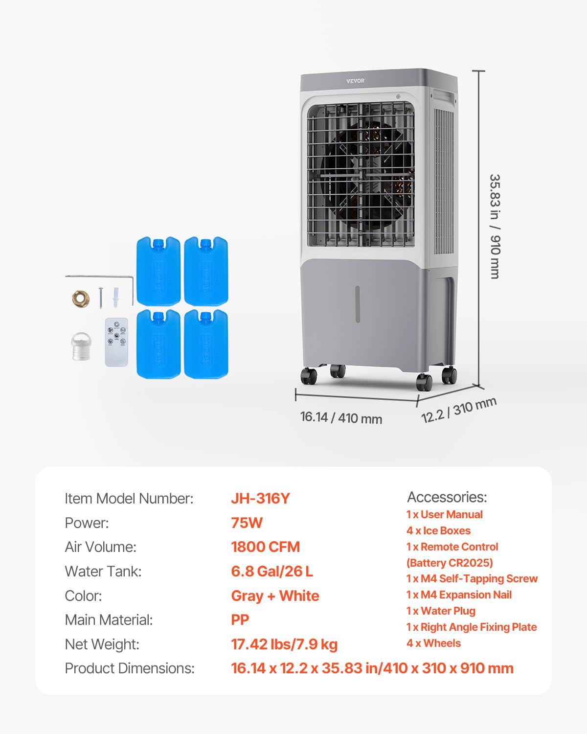 Enfriador evaporativo 1800 CFM. Depósito 6.8 gal, 4 recipientes hielo.