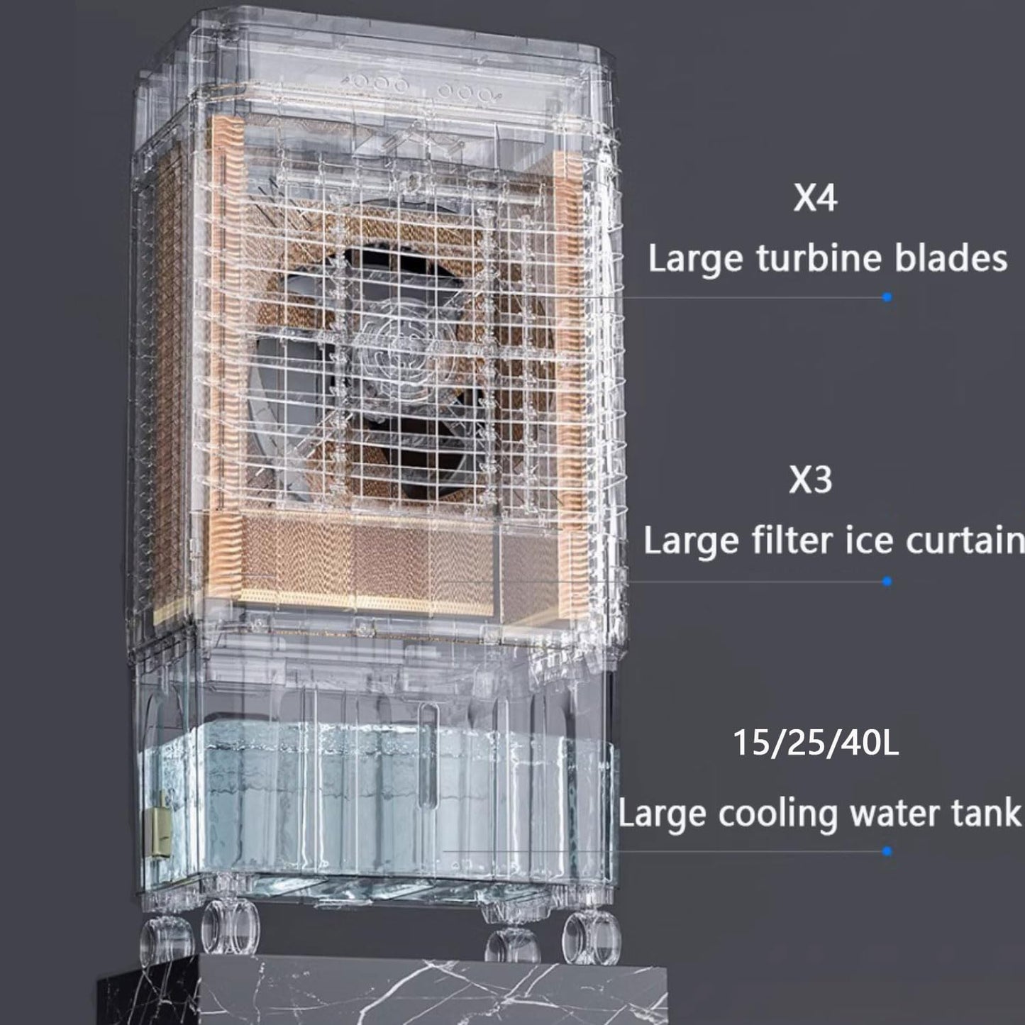 Climatizador evaporativo portátil 3-en-1 con depósito grande y mando.