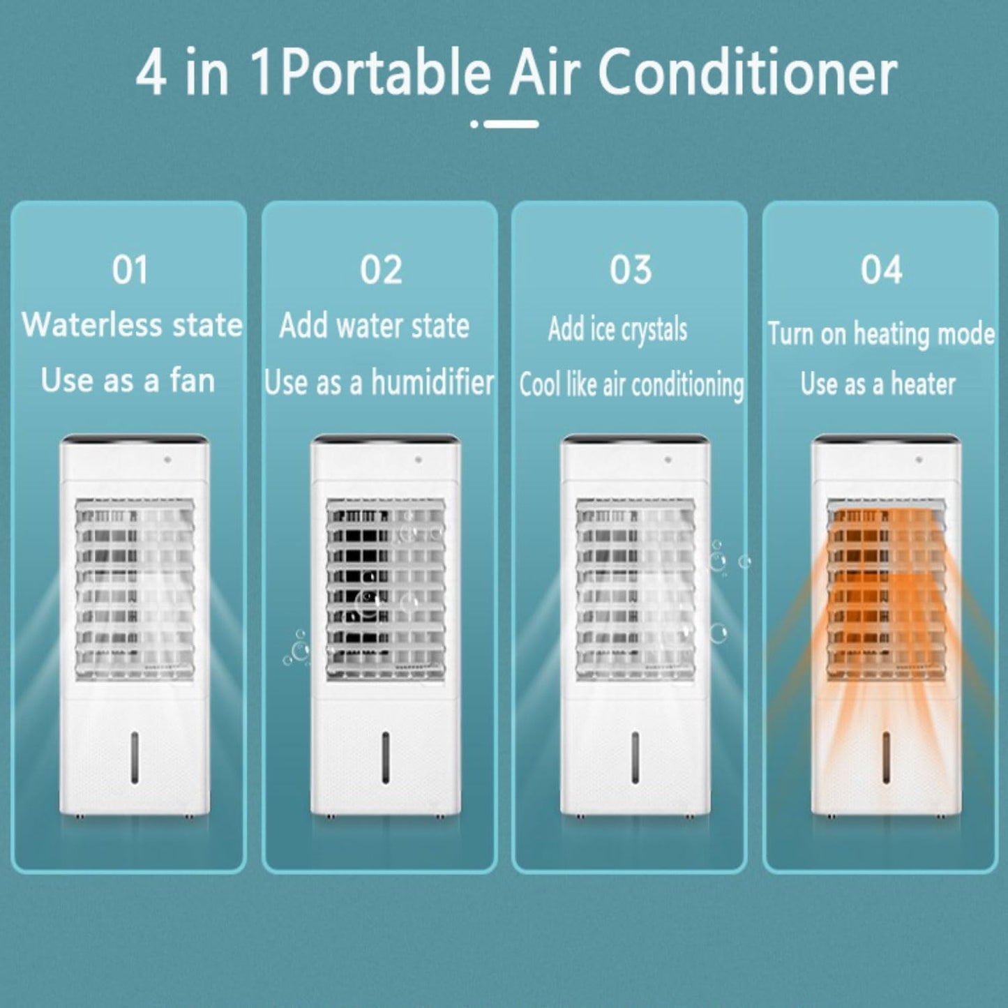 A/C portátil 4-en-1 frío/calor. Pantalla táctil, mando, ruedas 360°.