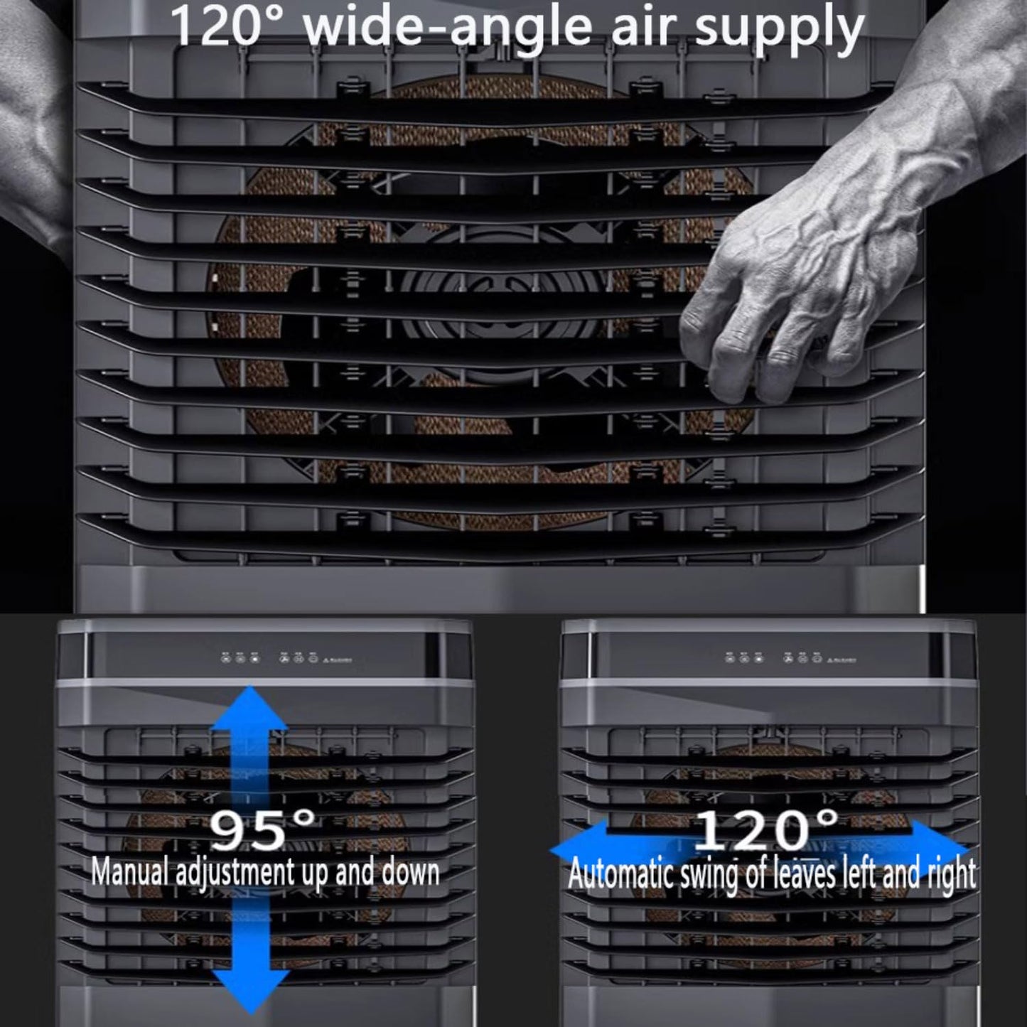 A/C portátil 3-en-1. Tanque 30L, oscilación 120°.
